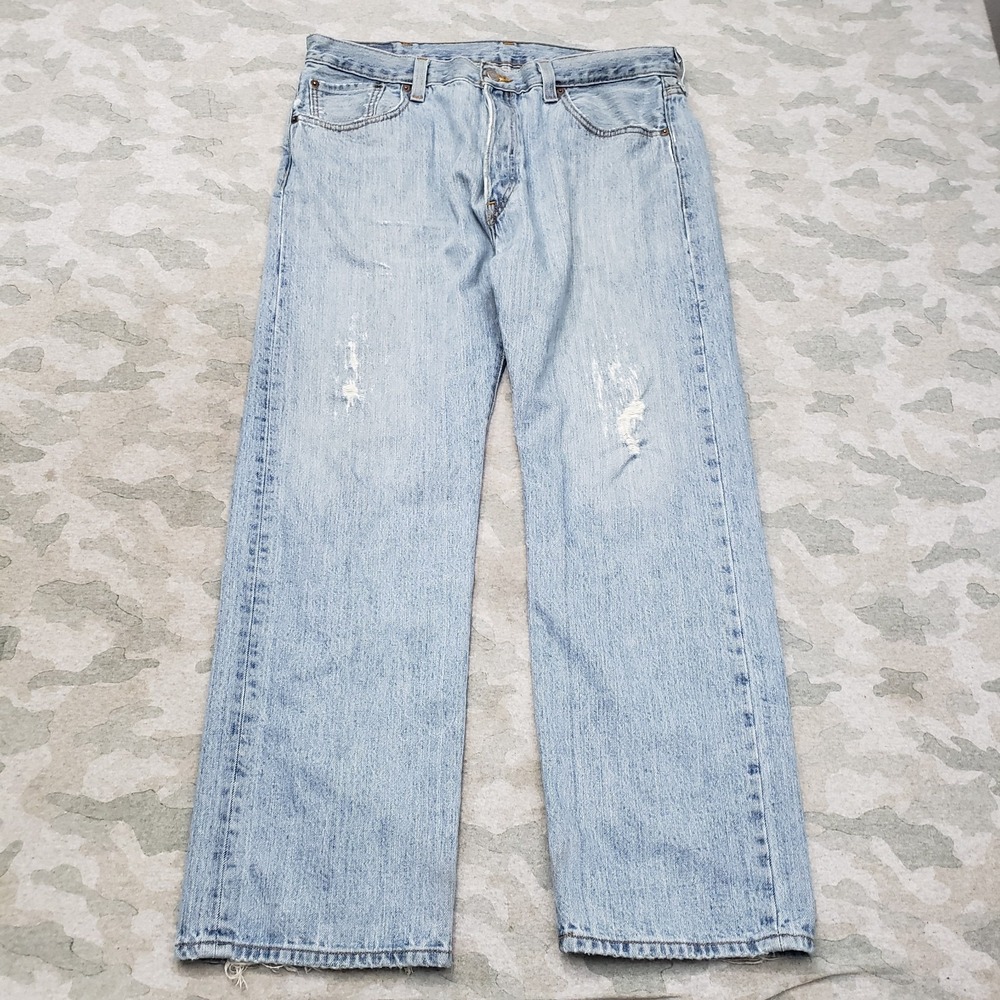 Levi's 501 Jeans Mens 38x30 Blue Distressed Straight‎ Leg Button Fly Light Wash